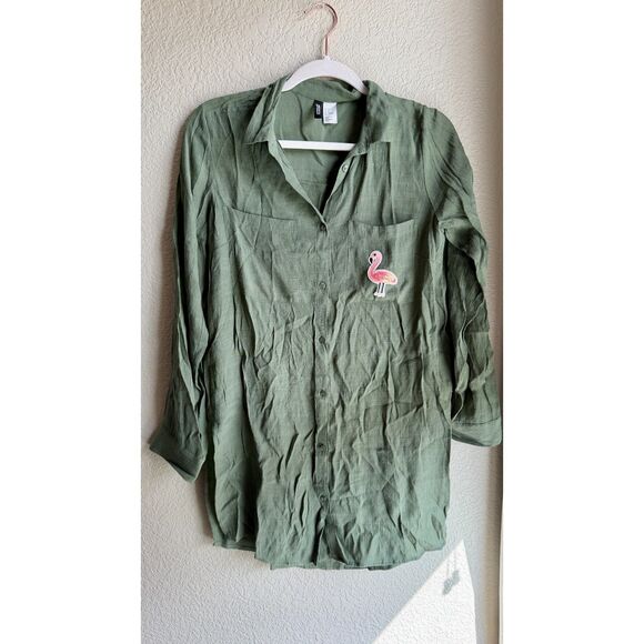 H&M Tops - H&M Divided Olive Green Button Down Shirt Size 6 Sequin Flamingo Patch